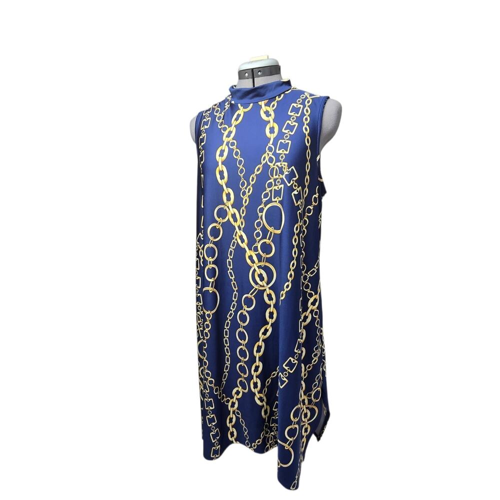 Tiana B. Sleeveless Shift Dress Chain Link Print Size XL Blue Gold